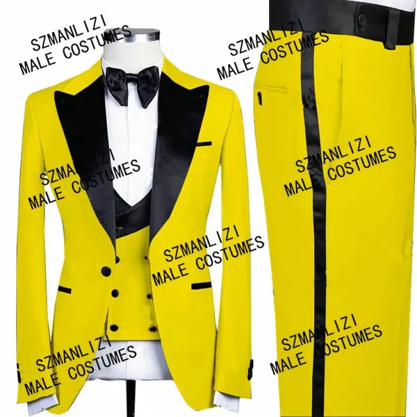 Красивое мужское платье для жениха, облегающий смокинг желтого цвета для мужчин, официальная одежда, костюмы для вечерние Ринок, комплект из 3 предметов (пиджак + брюки + жилет)