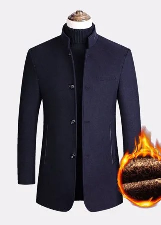 Мужское однобортное шерстяное утепленное утепленное пальто с воротником-стойкой и карманами