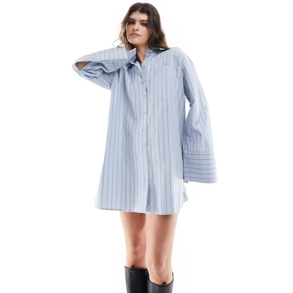 Платье-рубашка Asos Design Stripe Oversized With Cape Sleeve, голубой