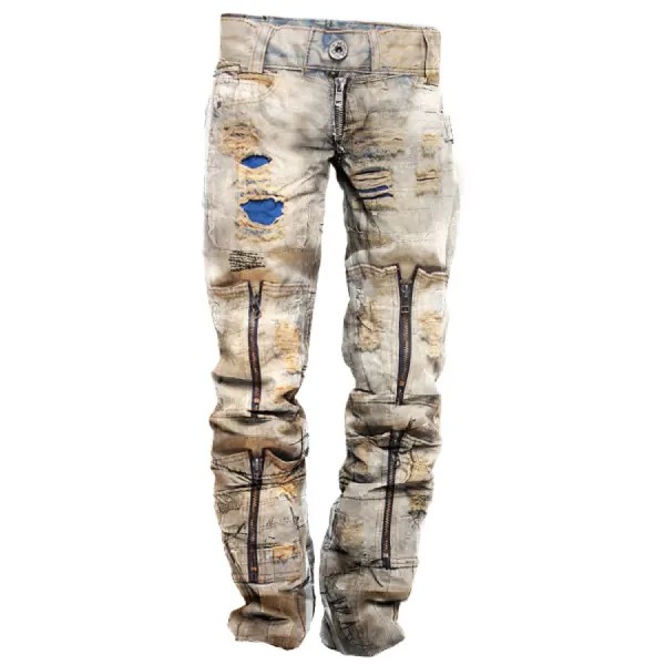 Мужские винтажные выстиранные джинсы с несколькими молниями
