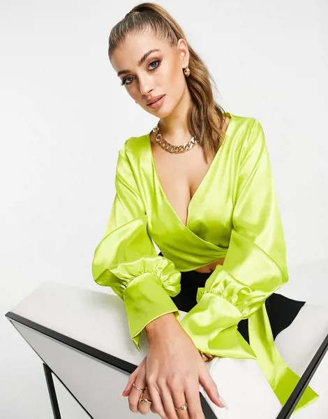 Светло-зеленая атласная блузка с запахом и большими пышными рукавами Femme Luxe-Зеленый цвет