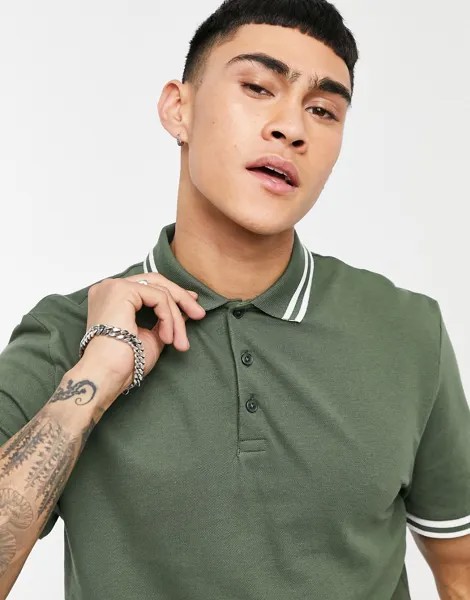 Футболка-поло цвета хаки из органического пике с кантом ASOS DESIGN-Зеленый цвет