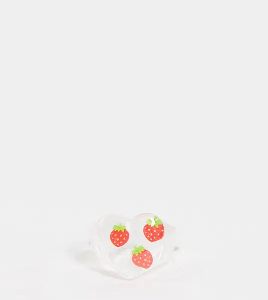 Кольцо из прозрачного пластика в форме сердечка с застывшими ягодами клубники ASOS DESIGN Curve-Прозрачный