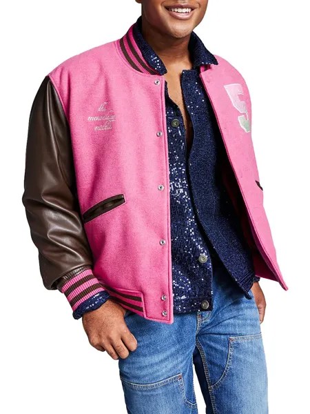 Мужской бомбер Varsity из искусственной кожи с цветными блоками And Now This, цвет Bright Pink Rose