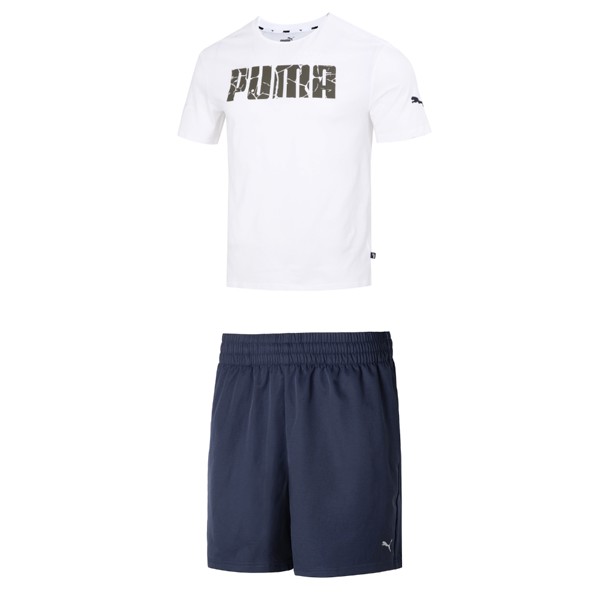 Повседневный спортивный мужской комплект: белый топ + синие шорты Puma, белый