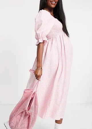 Розовое платье миди из фактурного жатого материала в клетку с рукавами 3/4 New Look Maternity-Розовый цвет