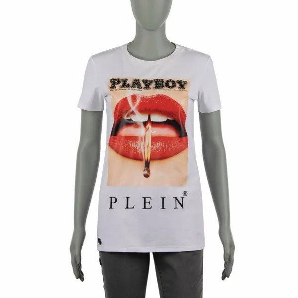 Футболка PHILIPP PLEIN X PLAYBOY Crystals Lips Cover с вышивкой, белый, черный 08488