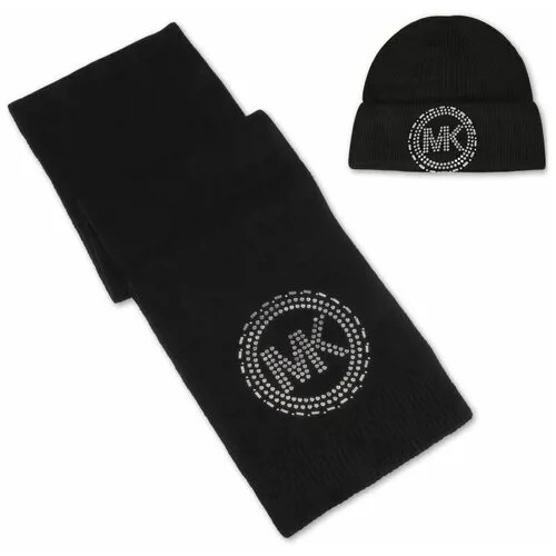 Сет Michael Kors шапка и шарф черный с серебряным лого спереди и на конце шарфа Womens Black Logo Matching Wrap Scarf Set Winter Beanie Hat