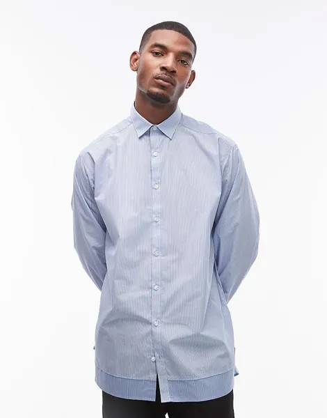 Topman – синяя рубашка oversize с длинными рукавами и комбинированными полосатыми элементами