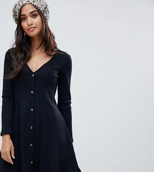 Чайное платье в рубчик на пуговицах ASOS DESIGN Petite-Черный
