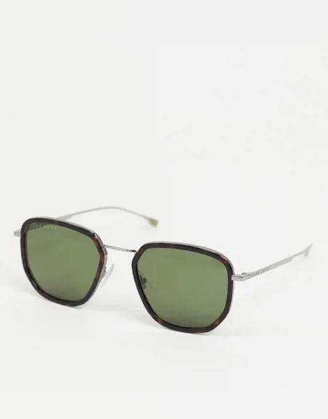 Солнцезащитные очки в круглой черепаховой оправе Hugo Boss-Коричневый цвет