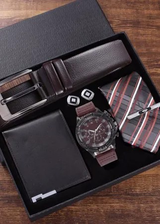 5 шт. / Компл., Мужской деловой повседневный стиль из полиуретана, Watch, украшенный кварцевый указатель, Watch, Ремень,