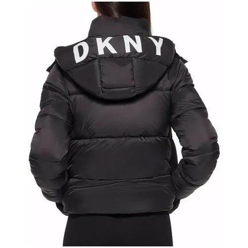 Куртка DKNY L черная до бедра с белым лого на капюшоне