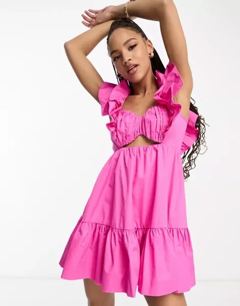 Розовое мини-платье с вырезом на талии и рукавами с рюшами Forever New