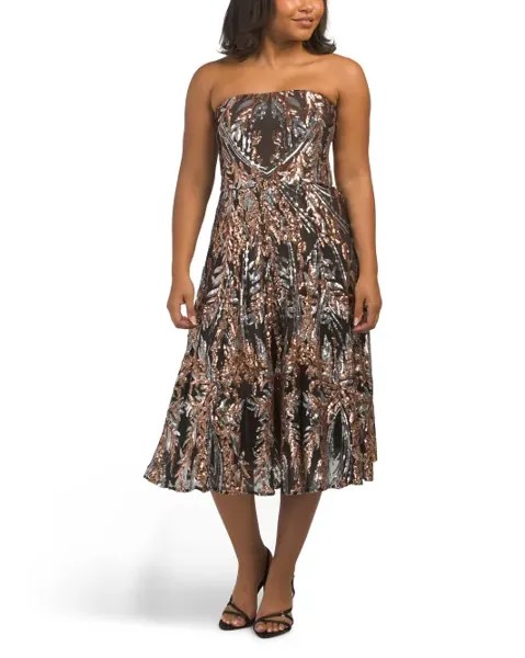 Рубиновое коктейльное платье миди без бретелек Dress The Population, цвет Rose Gold Multi