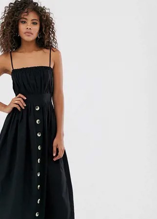 Льняной сарафан миди на бретельках и с пуговицами ASOS DESIGN Tall-Черный