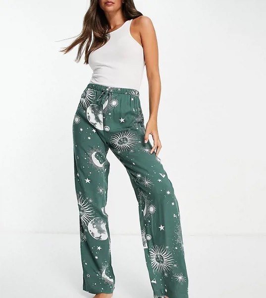 Шалфейно-зеленые пижамные брюки из 100% модала с астрологическим принтом ASOS DESIGN Tall – Выбирай и Комбинируй-Зеленый цвет