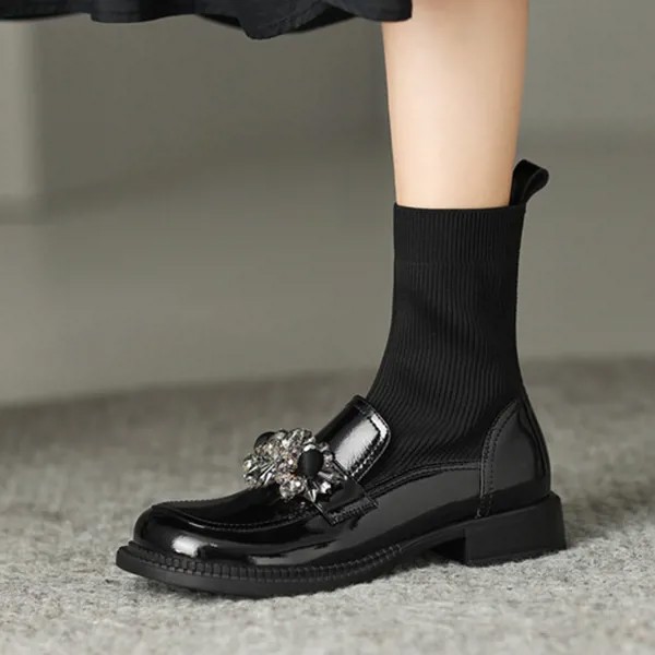 Черные женские короткие ботинки из лакированной кожи, эластичные осенние ботинки-носки с бусинами, платья для девочек абрикосового цвета, женская обувь, эспадрильи