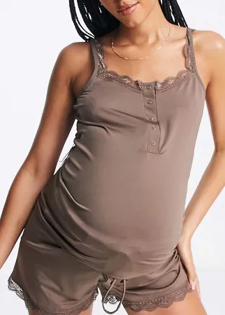 Коричневая пижама с шортами и кружевной отделкой Mamalicious Maternity-Коричневый цвет