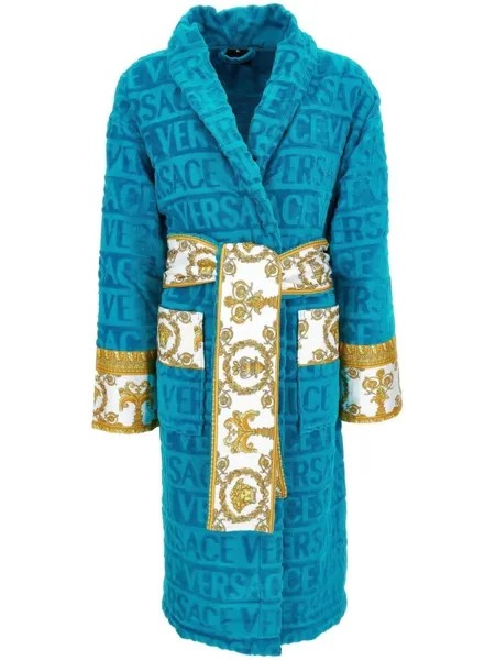Versace короткий махровый халат с логотипом, синий