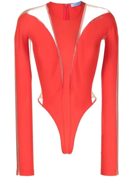 Mugler прозрачное боди с длинными рукавами, красный