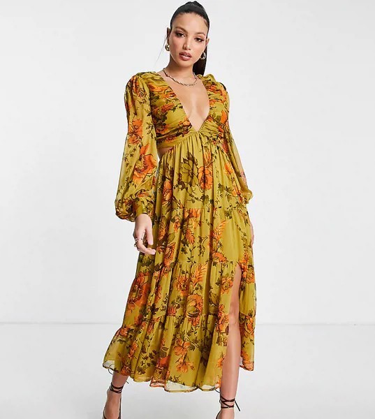 Платье миди оливкового цвета с плиссированным лифом, шнуровкой сзади и цветочным принтом ASOS DESIGN Tall-Разноцветный