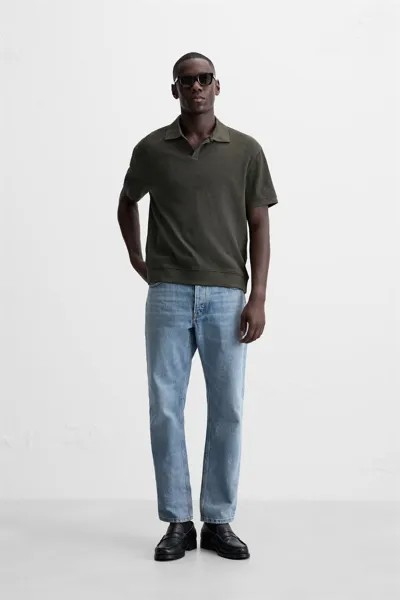 Фактурная рубашка-поло с ребринчатыми отделками ZARA, темно-зеленый