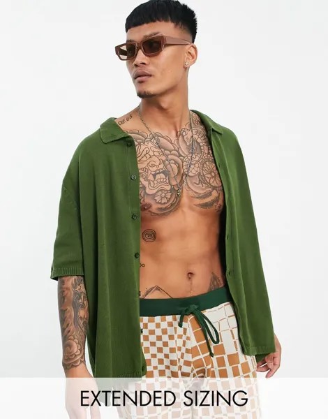 Зеленая трикотажная рубашка-поло на пуговицах средней плотности ASOS DESIGN