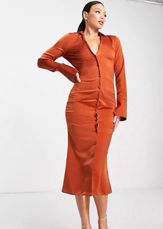 Атласное платье-рубашка миди со свободным вырезом на спине ASOS DESIGN Tall-Оранжевый цвет
