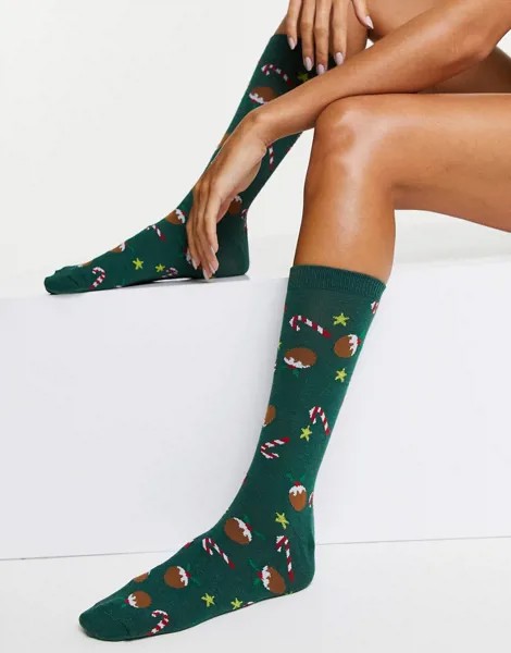 Зеленые носки до середины голени с новогодним принтом конфет ASOS DESIGN-Зеленый цвет