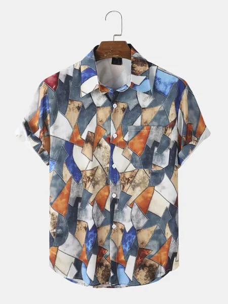 Мужские разноцветные геометрические узоры с коротким рукавом Рубашка с карманом