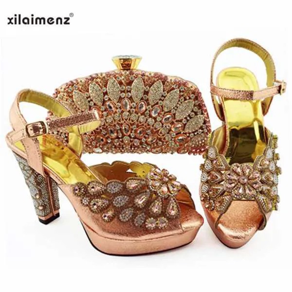Летние туфли на каблуке комплект из обуви и сумки в нигерийском стиле для итальянской вечеринки персикового цвета для свадьбы, комплект из ...