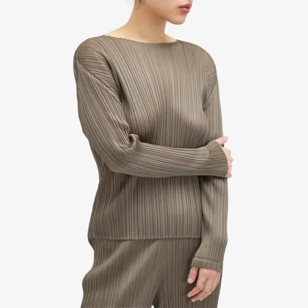 Pleats Please Issey Miyake Топ с круглым вырезом и длинными рукавами, коричневый