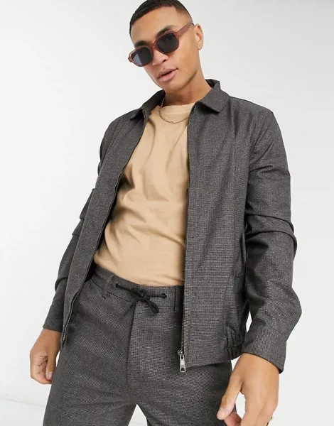 Серая меланжевая куртка Харрингтон в клетку в строгом стиле от комплекта ASOS DESIGN-Коричневый цвет