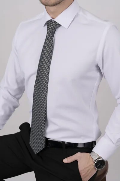Комплект с галстуками-рубашками Черно-серый галстук с узором и белая рубашка приталенного кроя Добби в подарочной упаковке Etikmen, белый
