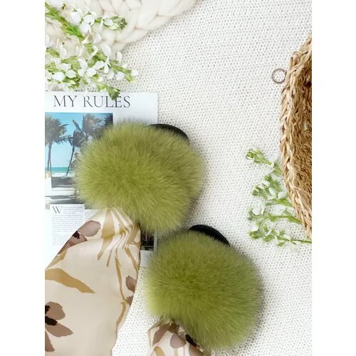 Тапочки Лапки Кошки Тапочки летние женские из песца, размер 40, зеленый
