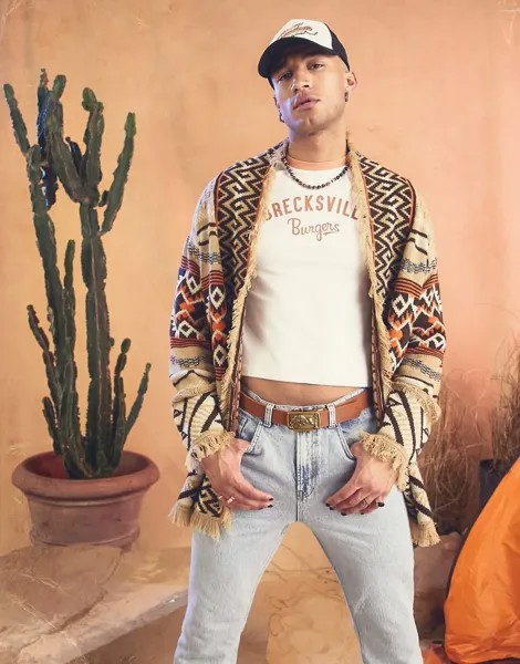 Вязаный кардиган с бахромой и декоративной строчкой в ацтекском стиле ASOS DESIGN-Коричневый цвет