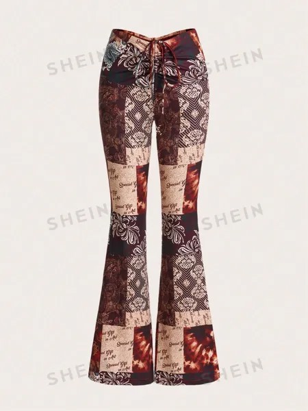 SHEIN ICON Расклешенные брюки с низкой посадкой и принтом в стиле пэчворк, красный