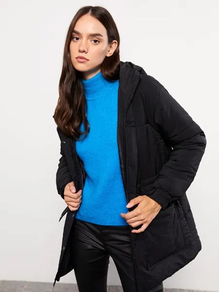 Однотонное женское пуховик с капюшоном и длинными рукавами LCW Casual, новый черный
