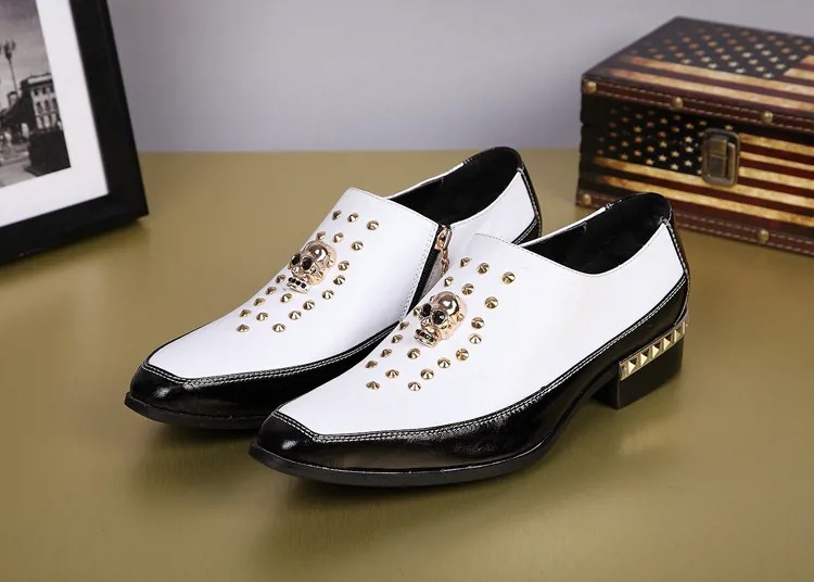 Туфли мужские кожаные с заклепками, квадратный носок, Череп, высокие берцы, свадебная обувь, черные, белые