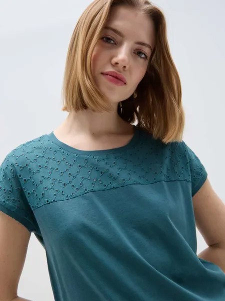 Футболка из хлопка с сангальо Ovs, цвет teal green