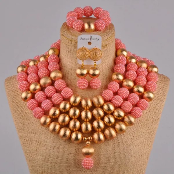 Персиковый ювелирный набор, имитация жемчуга, африканские Свадебные бусы, нигерийское ожерелье, набор ювелирных изделий для женщин, FZZ33