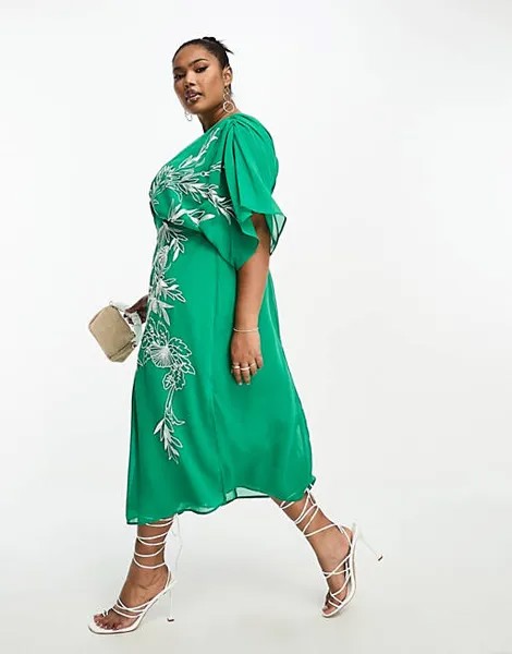 Зеленое платье миди с глубоким вырезом и вышивкой Hope & Ivy Plus