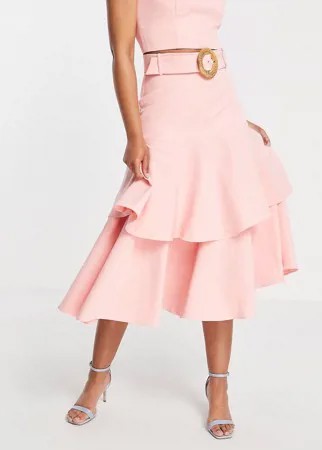 Розовая ярусная юбка мидакси с ремнем с плетеной отделкой от комплекта Forever New-Розовый цвет