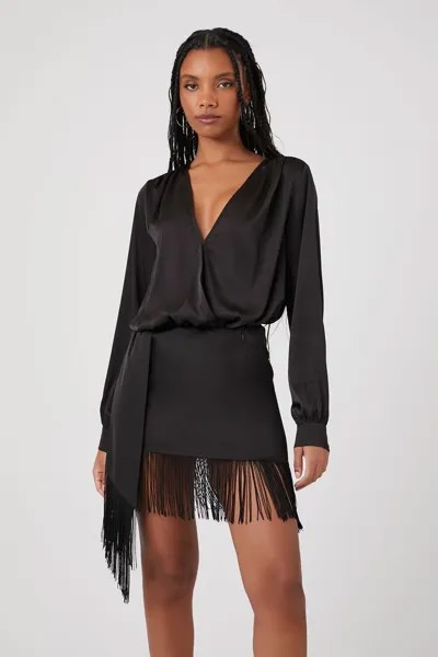 Атласная мини-юбка с бахромой Forever 21, черный