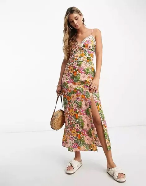 Сарафан-миди ASOS DESIGN с контрастными швами, открытой спиной и кружевной отделкой, цветочный принт в стиле ретро