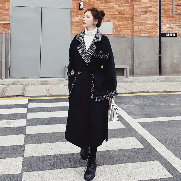 Пальто шерстяное женское длинное, свободная Толстая прямая куртка в Корейском стиле с поясом, модное строченное в клетку