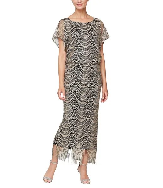 Платье Ignite Evening Petite Size с вырезом «лодочка» и короткими рукавами, связанное крючком, с бахромой Ignite Evenings, золотой