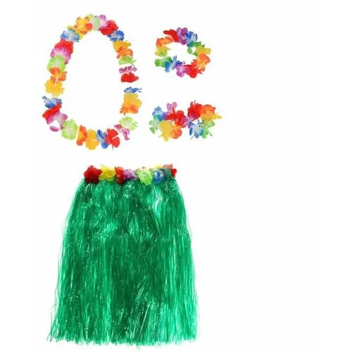 Гавайская юбка зеленая 60 см, ожерелье лея 96 см, венок, 2 браслета (набор)