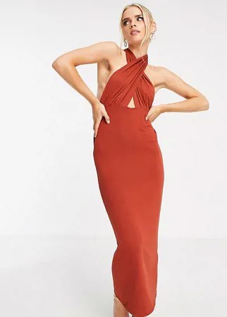 Платье макси рыжего цвета с завязкой на шее и перекрестным дизайном спереди ASOS DESIGN Petite-Коричневый цвет